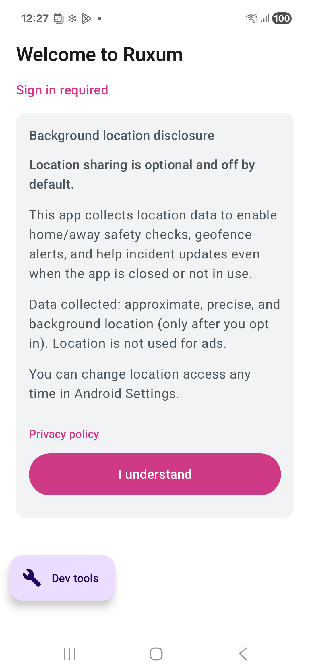Ruxum release onboarding disclosure screen