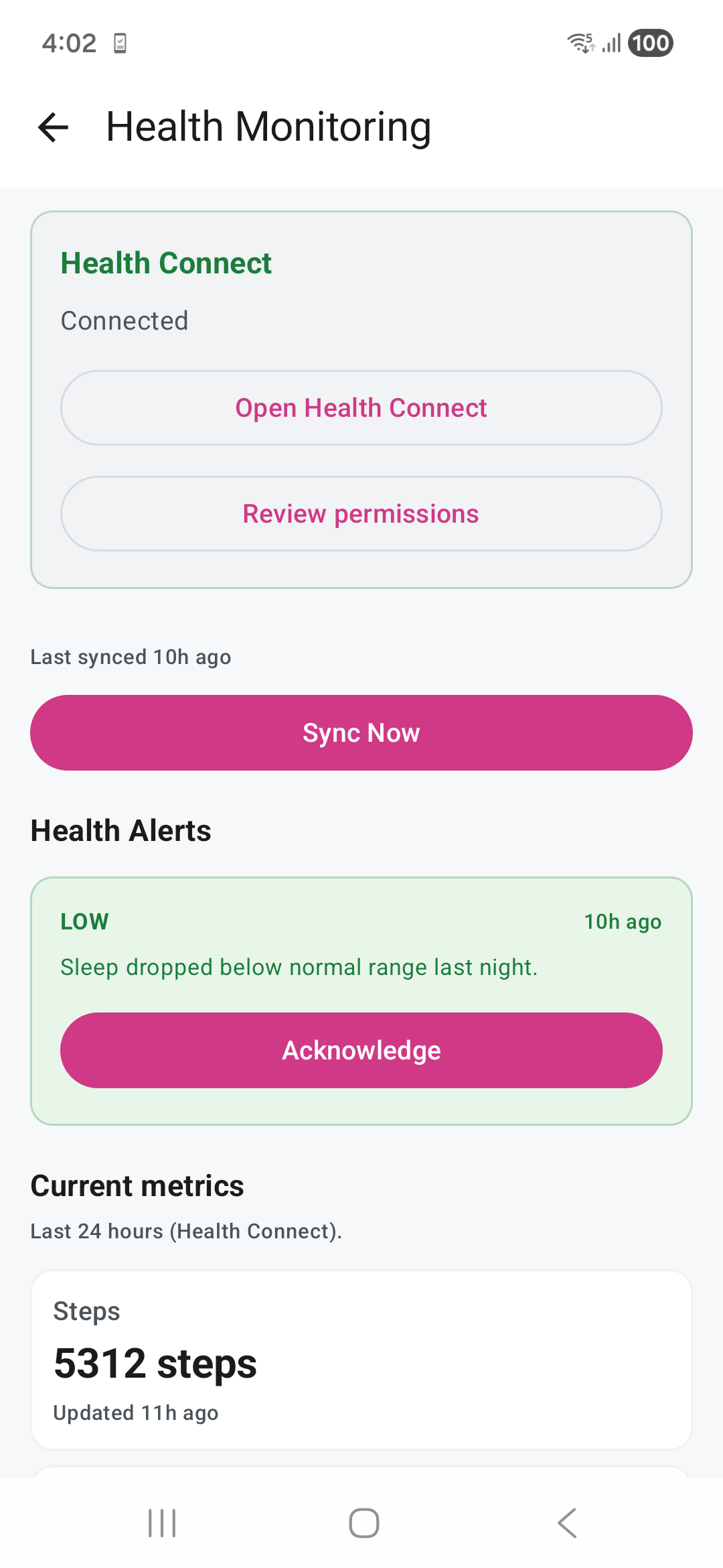 Ruxum health monitoring settings screen