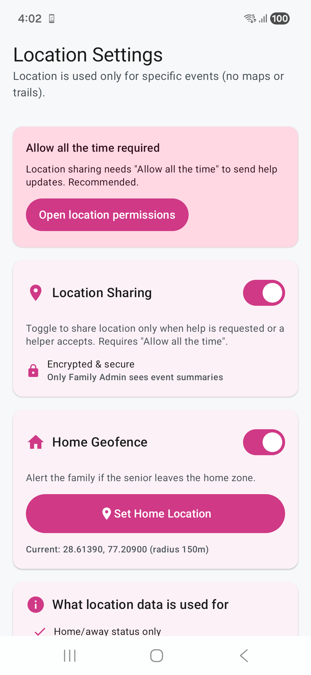 Ruxum location settings screen