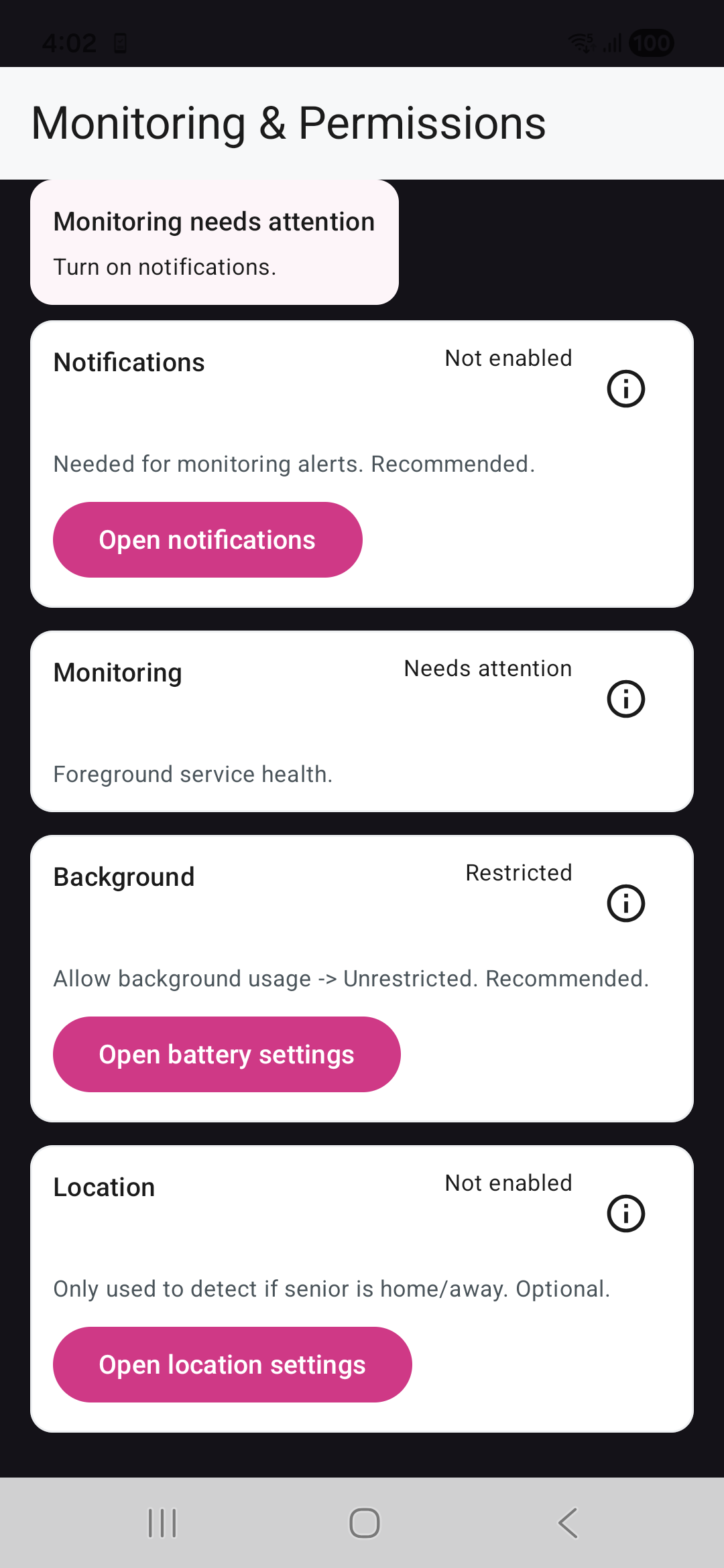 Ruxum monitoring and permissions settings screen