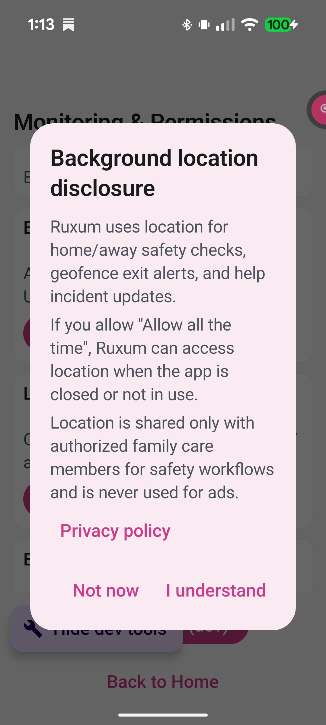 Ruxum in-app prominent background location disclosure shown before runtime permission, with privacy policy link and I understand action